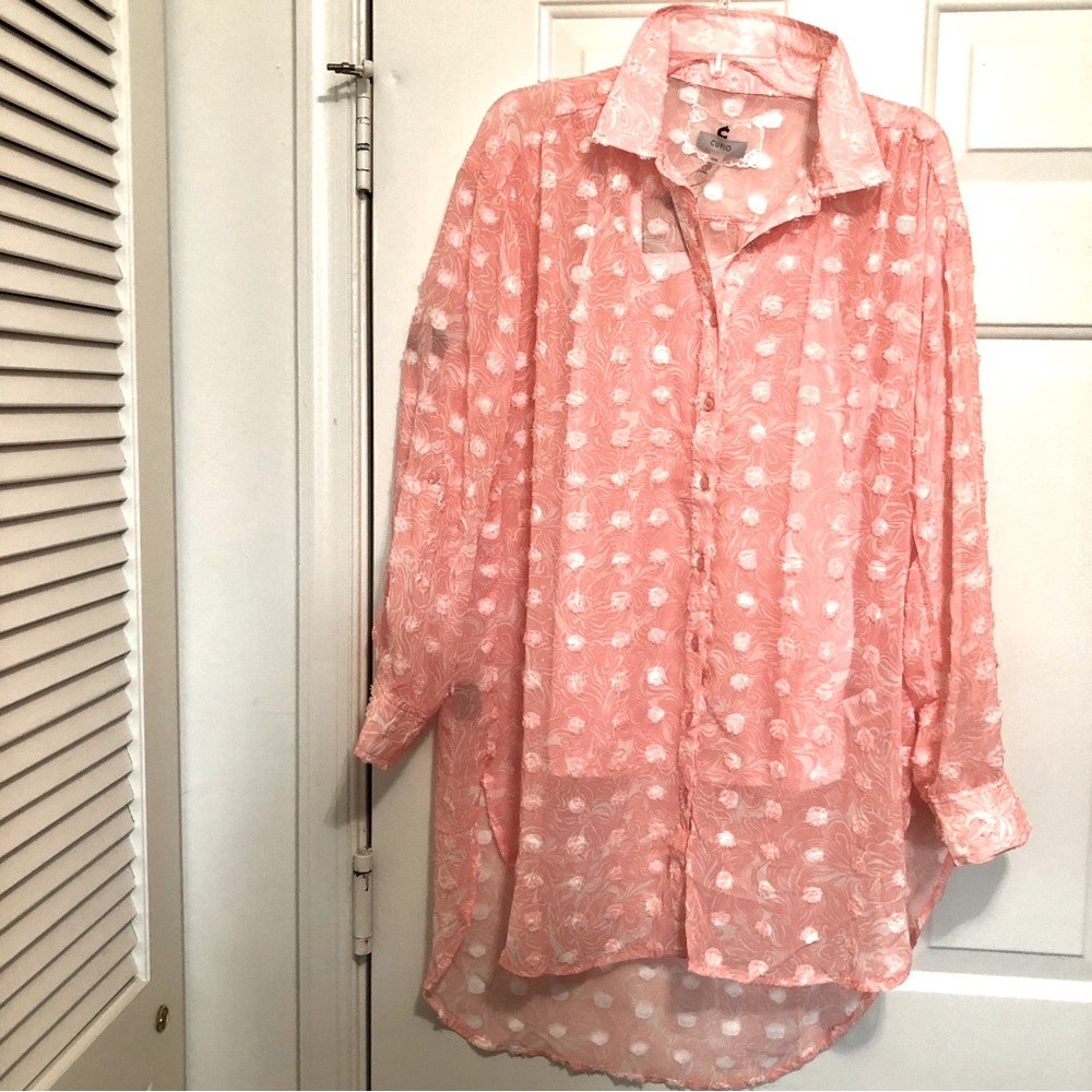 5 Pink Sheer Button-Up Camisole  Long Sleeve Top Blouse